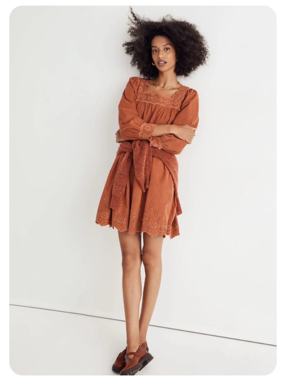 Madewell Umber Embroidered Corduroy Square-Neck Mini Dress sz L